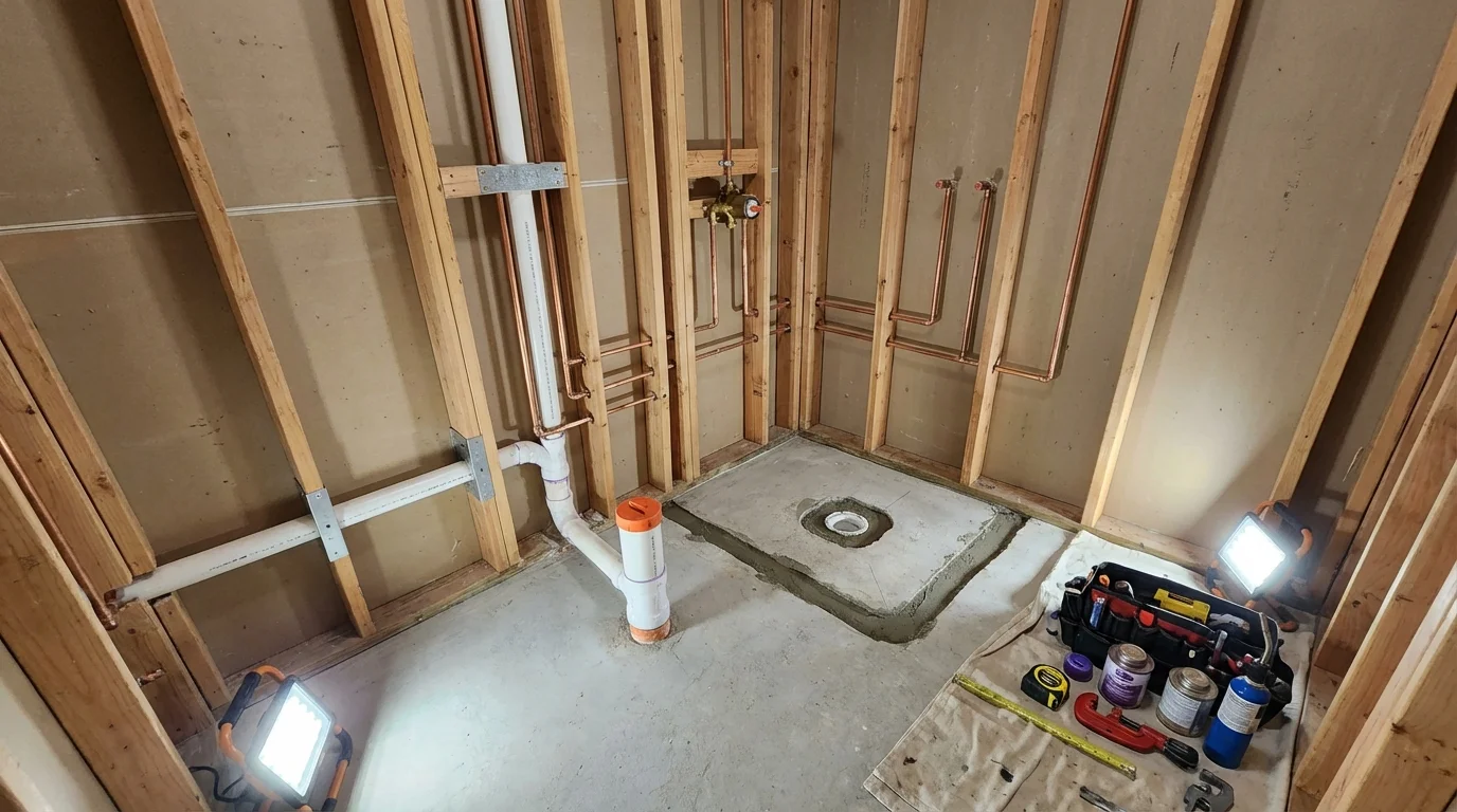 Bathroom rough-in plumbing during remodel by Johns Plumbing LLC in Whitinsville