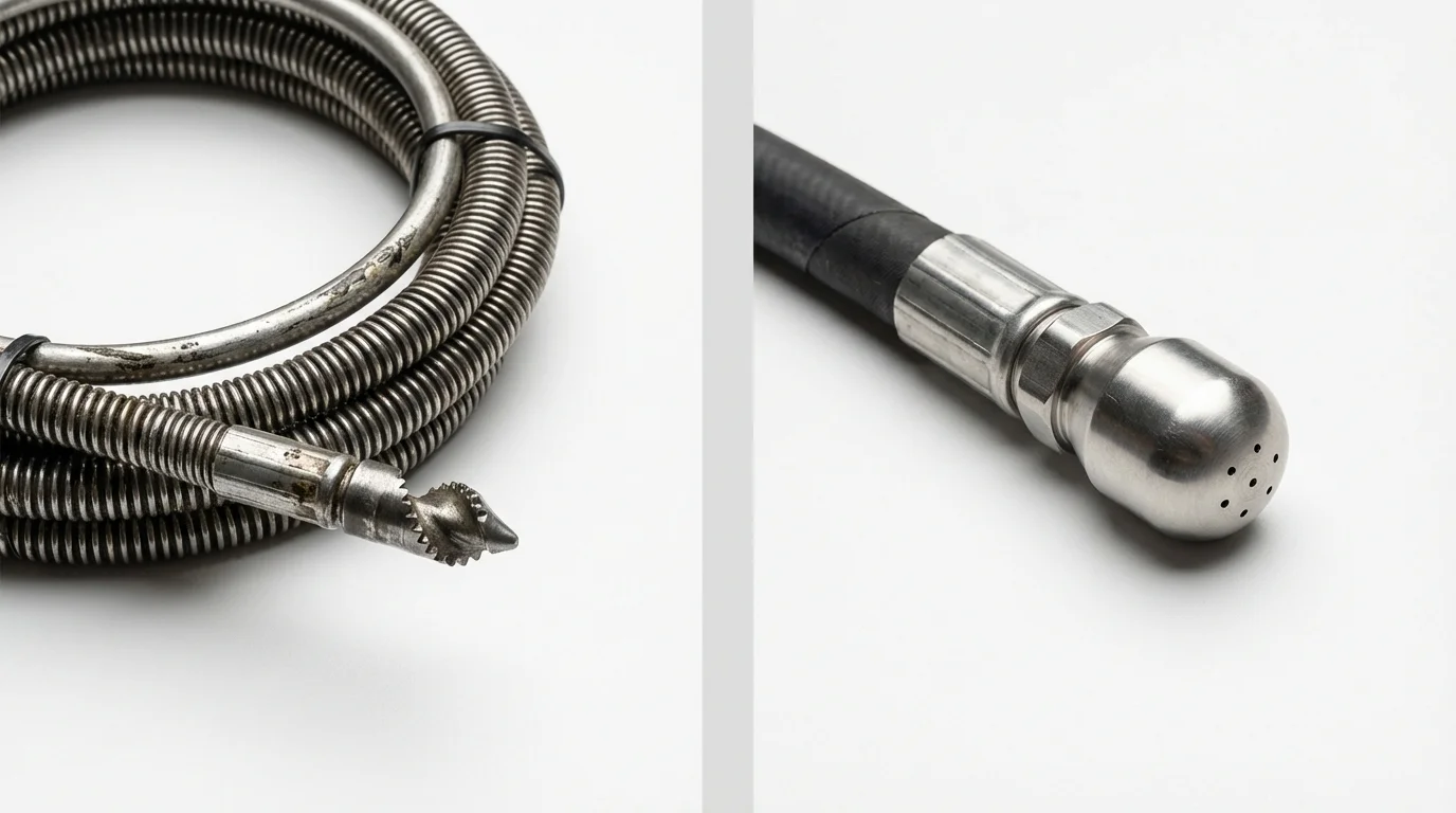Drain snake cable and hydro jetting nozzle used for drain cleaning in Whitinsville, MA