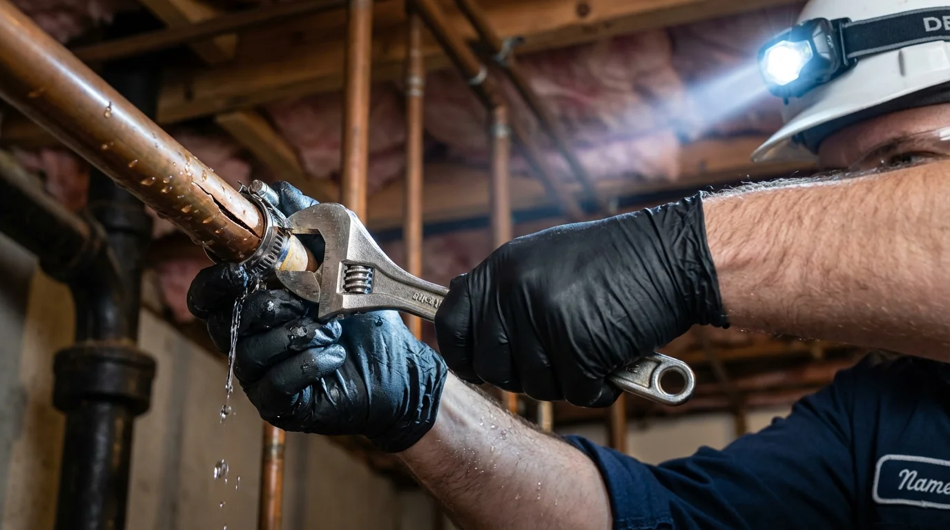 Emergency pipe clamp repair being performed by a Johns Plumbing LLC plumber in Whitinsville