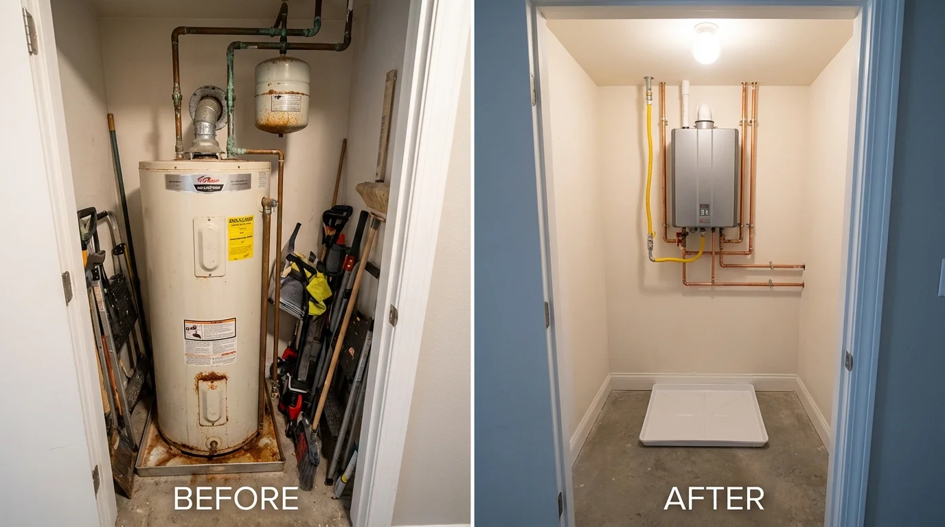 Tank water heater versus wall-mounted tankless unit comparison for Whitinsville, MA homeowners