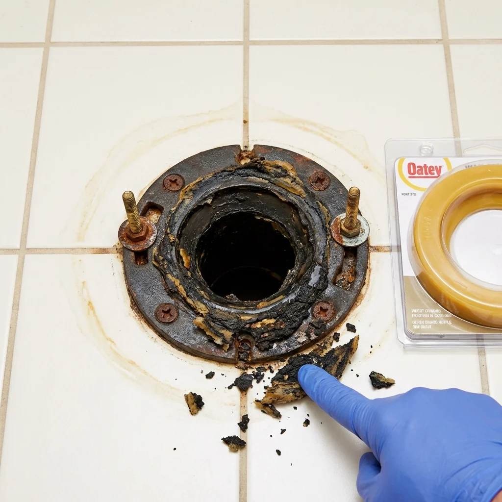 Failed wax ring showing water seepage at the base of a toilet in a Whitinsville, MA home