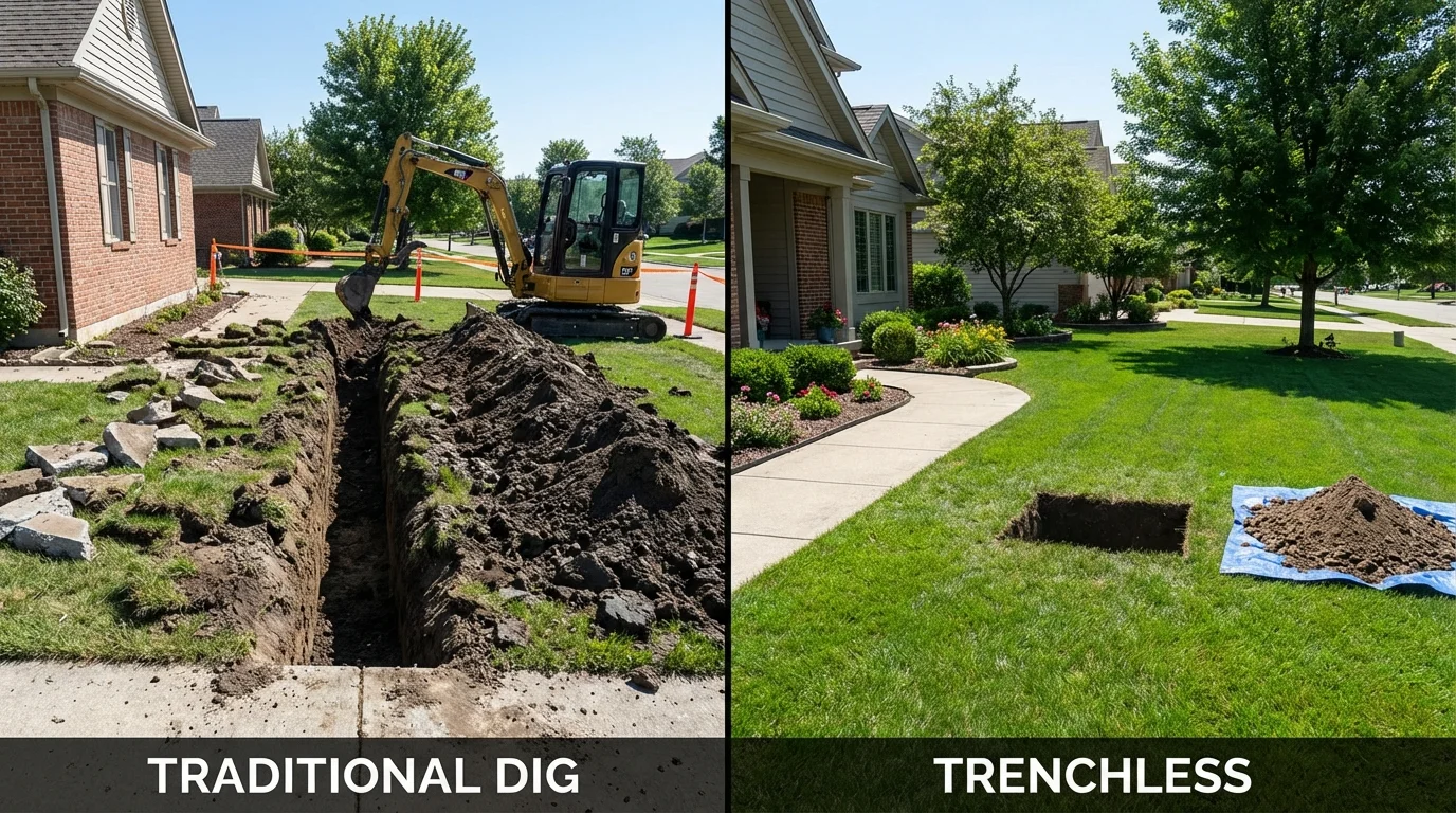 Trenchless sewer repair with minimal yard damage versus traditional excavation in Whitinsville, MA