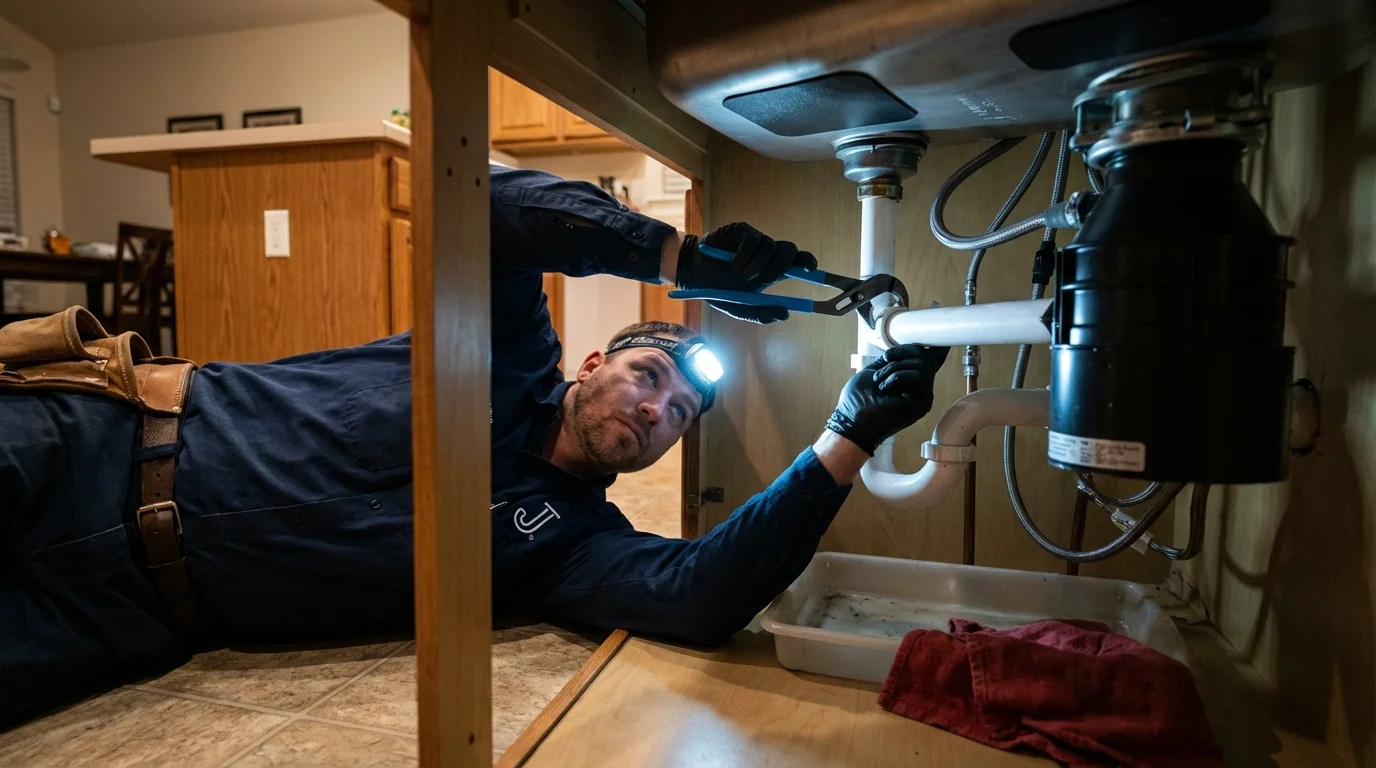 P-trap and supply line connections under a kitchen sink showing a common leak point in Whitinsville, MA